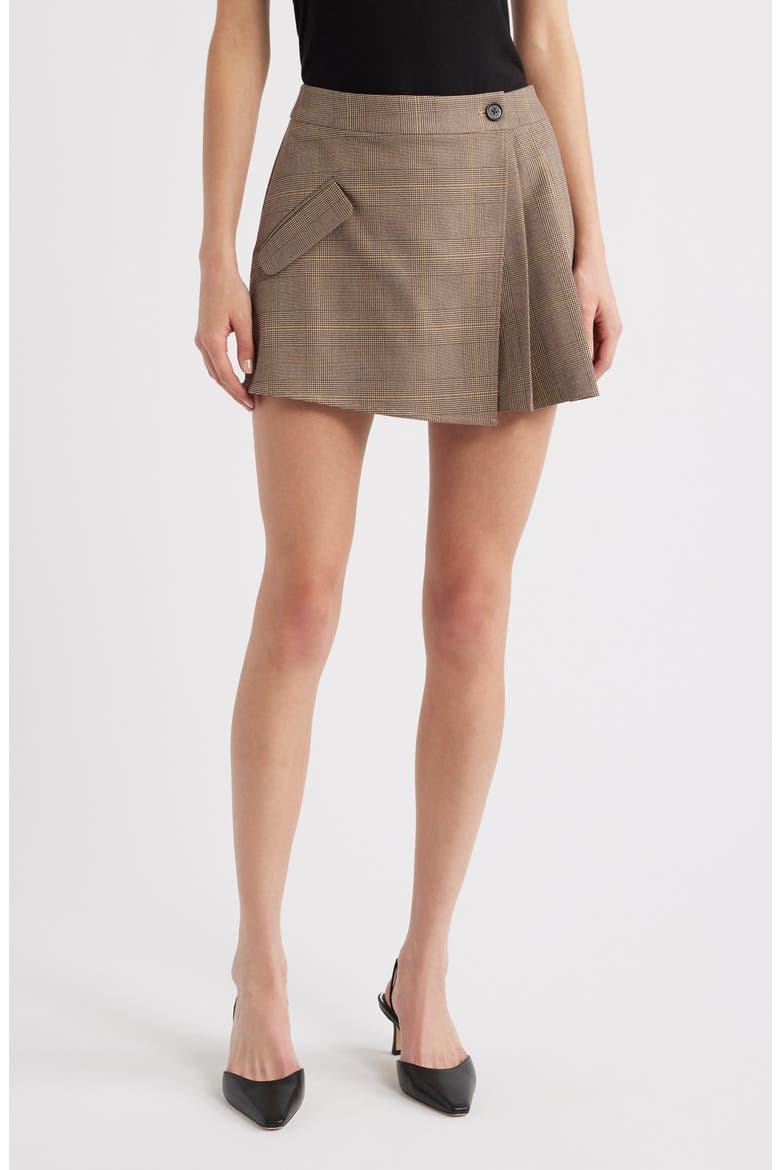 Adriana Asymmetrical Pleated Miniskirt, Main, color, MAPLE CHECK