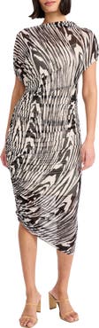 Donna Morgan Bev Asymmetric Short Sleeve Ruched Mesh Midi Dress