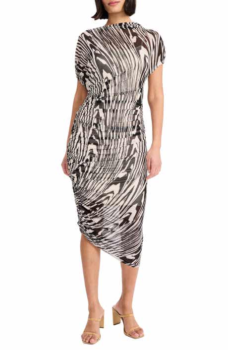 Donna Morgan Bev Asymmetric Short Sleeve Ruched Mesh Midi Dress