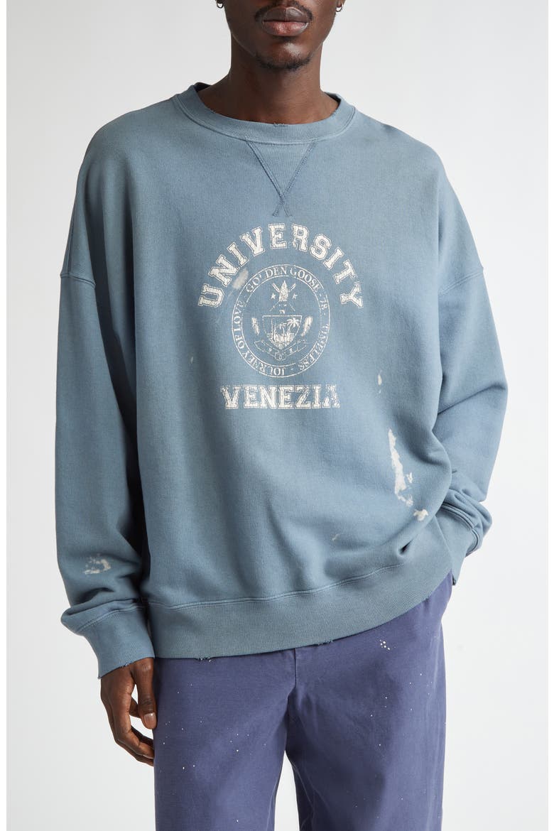 Journey Collection Distressed Logo Graphic Sweatshirt, Main, color, WINDWARD BLUE/ HERITAGE WHITE