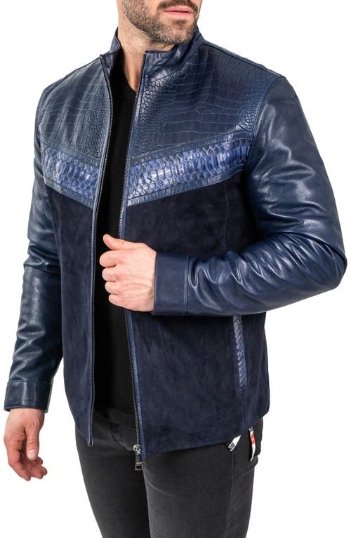 Maceoo Pythonshield Blue Snakeskin Embossed Leather Jacket In Blue