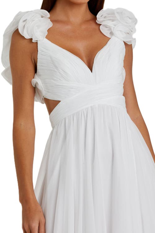 Mac Duggal Rosette Chiffon Cutout Empire Waist Gown In White
