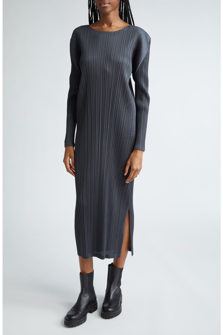Monthly Colors December Pleated Long Sleeve Midi Dress, Alternate, color, STEEL GRAY