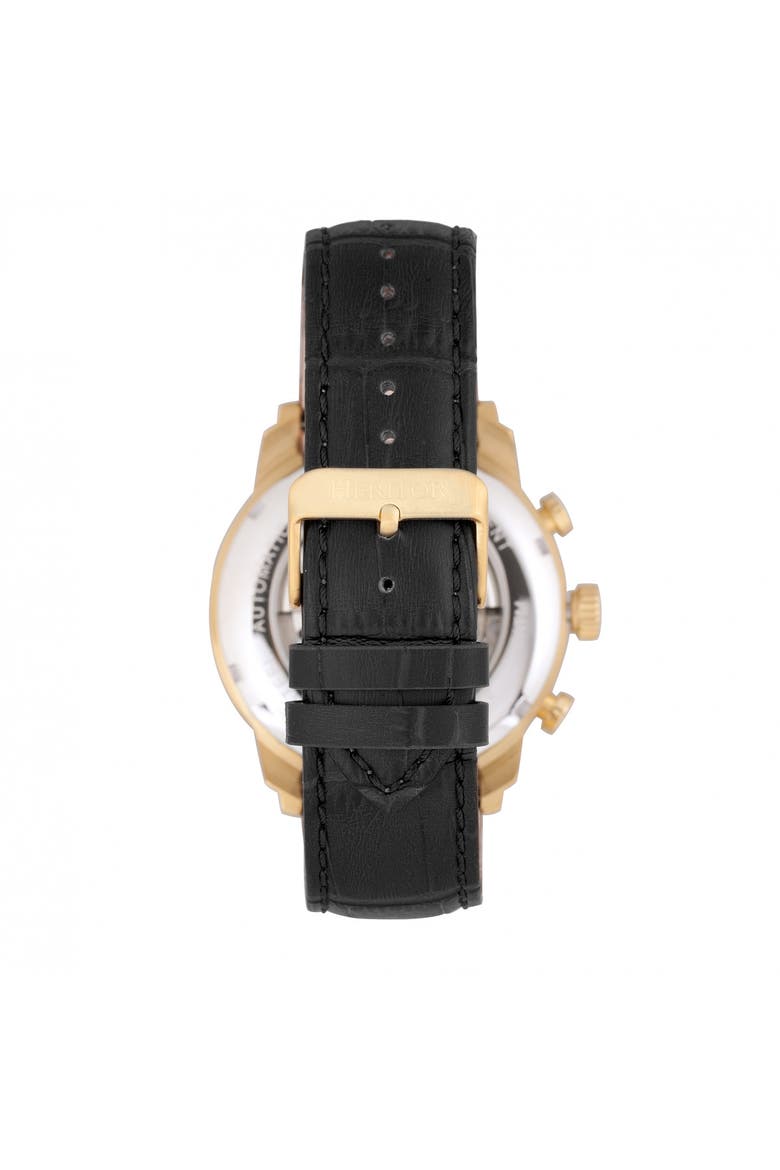 Arthur Semi-Skeleton Leather-Band Watch w/ Day/Date, Alternate, color, Gold/Black