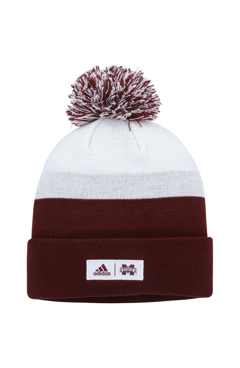 adidas Men's adidas Maroon/White Mississippi State Bulldogs Colorblock Cuffed Knit Hat with Pom, Main, color, Maroon