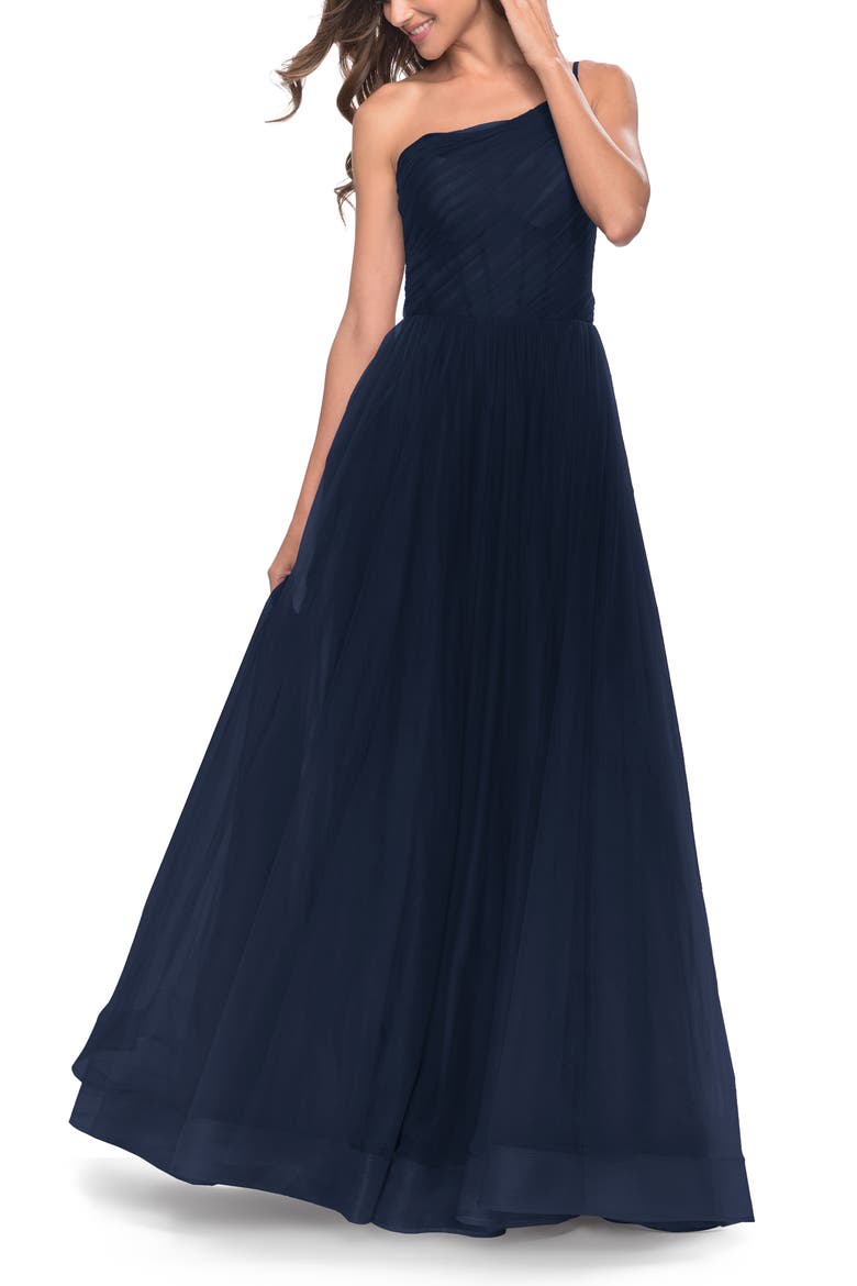 One Shoulder A-Line Tulle Gown with Sheer Bodice, Alternate, color, Navy