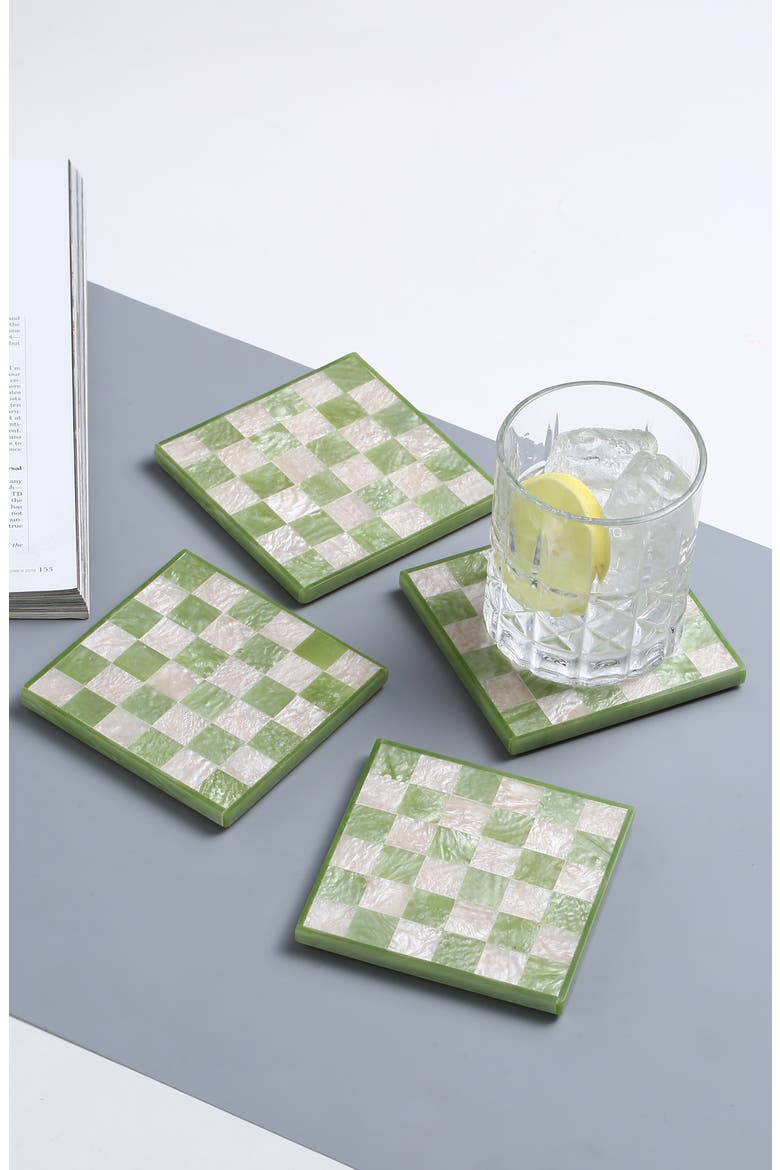 Set of 4 Checkered Resin Coasters, Alternate, color, GREEN