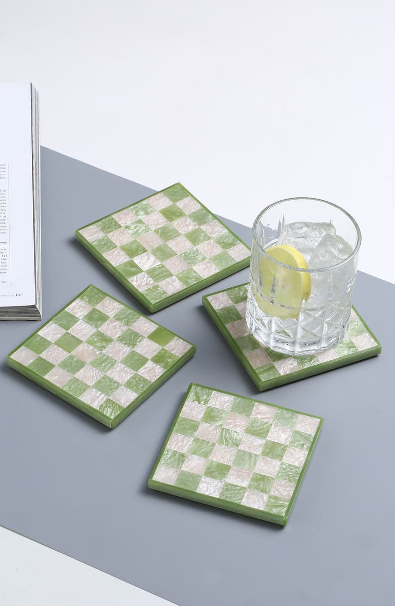 Tiramisu Set of 4 Checkered Resin Coasters, Alternate, color, Green