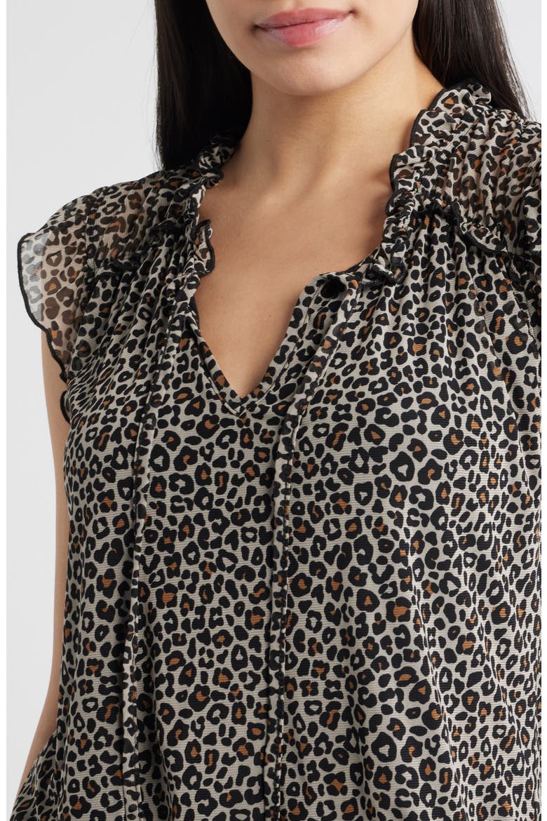Animal Print Ruffle Trim Split Neck Top, Alternate, color, TAUPE