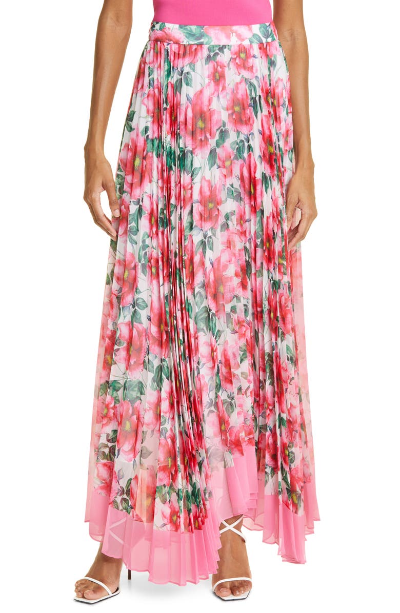 Alice + Olivia Katz Floral Sunburst Pleated Maxi Skirt, Main, color, 