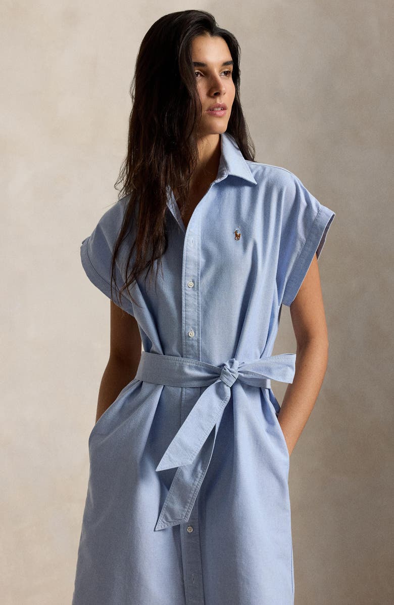 Polo Ralph Lauren Belted Cotton Midi Oxford Shirtdress, Alternate, color, Blue