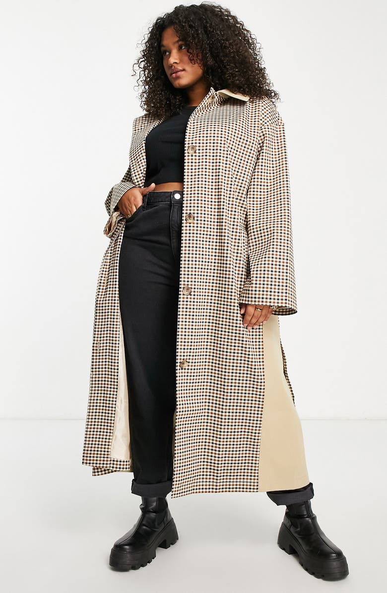 ASOS DESIGN Curve Gingham Trench Coat, Alternate, color,