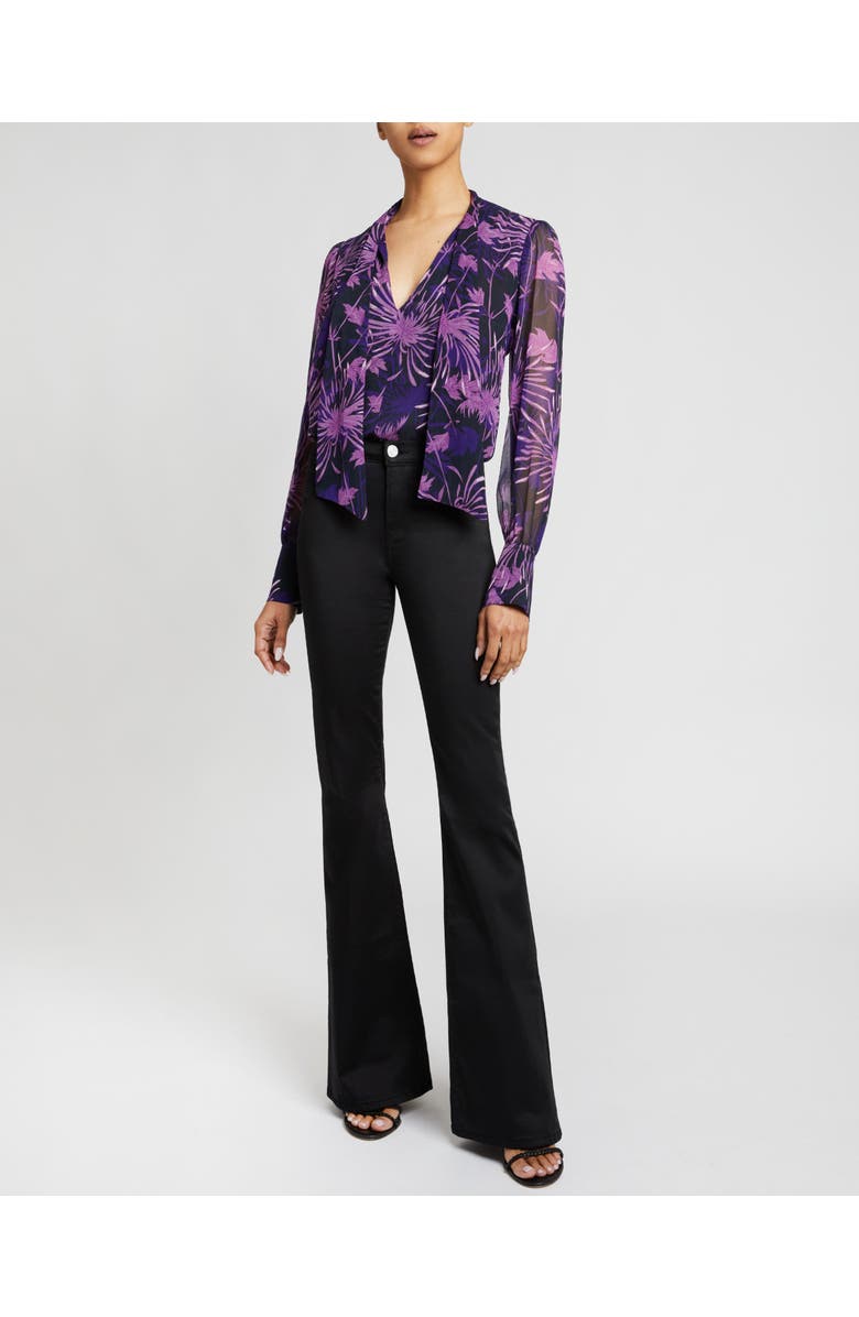 Santorelli Francis Blouse with Neck Tie in Abstract Floral Crinkled Georgette, Alternate, color, Cool Purple
