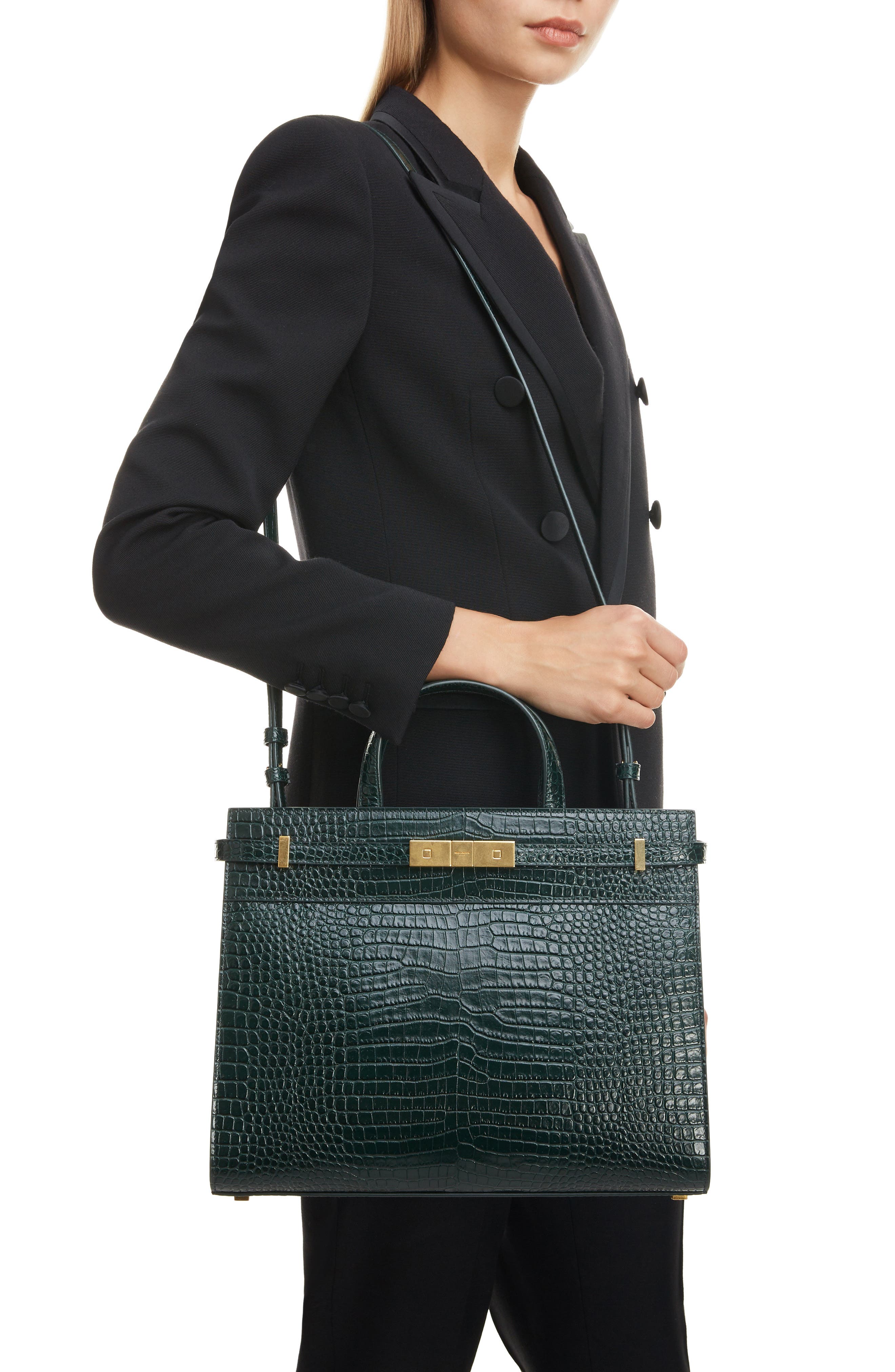Saint Laurent Small Manhattan Croc Embossed Calfskin Satchel, Alternate, color, 