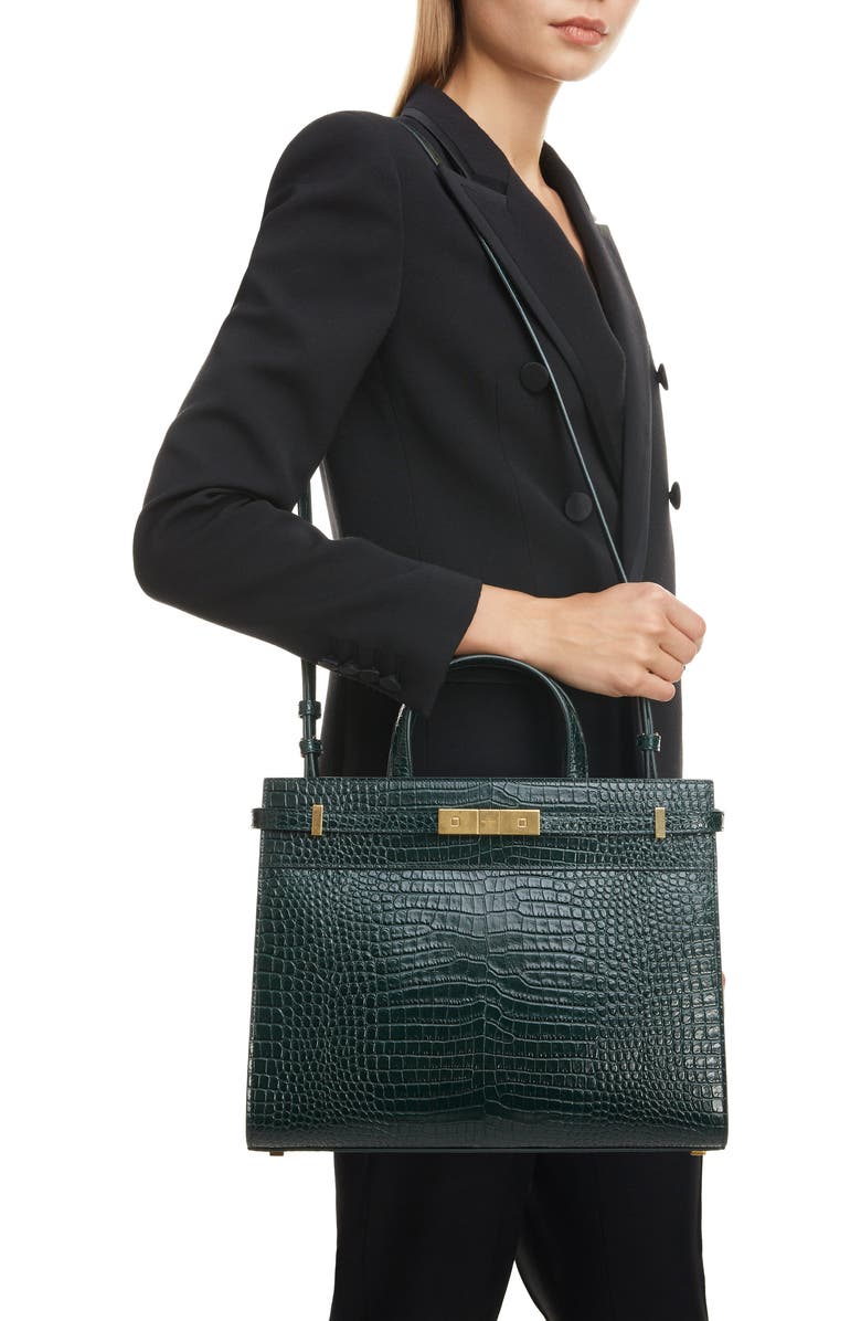 Saint Laurent Small Manhattan Croc Embossed Calfskin Satchel, Alternate, color,