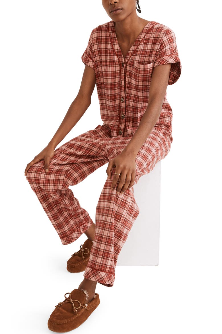 Nordway Plaid Flannel Bedtime Jumpsuit Pajamas, Main, color, DARK CINNABAR