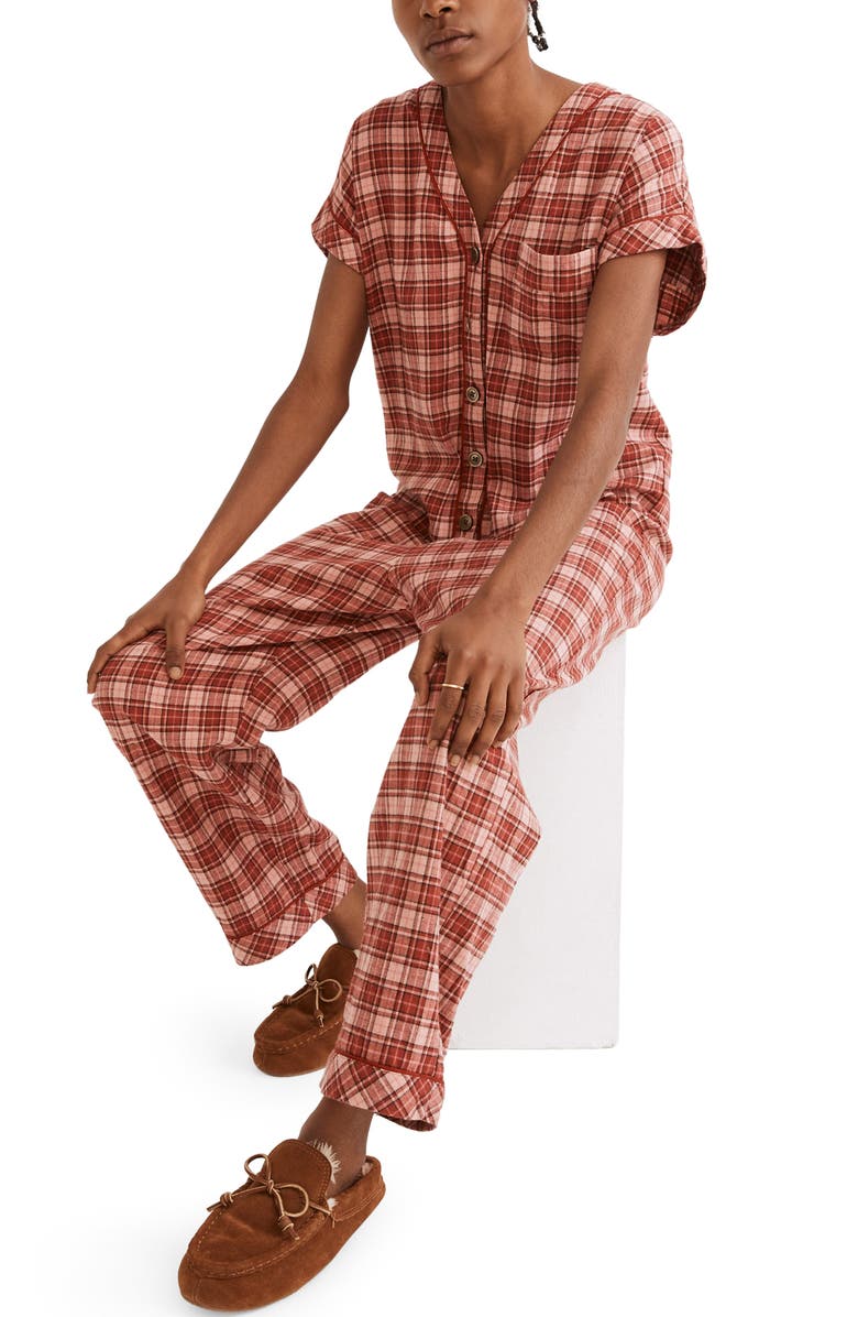 Madewell Nordway Plaid Flannel Bedtime Jumpsuit Pajamas, Main, color,