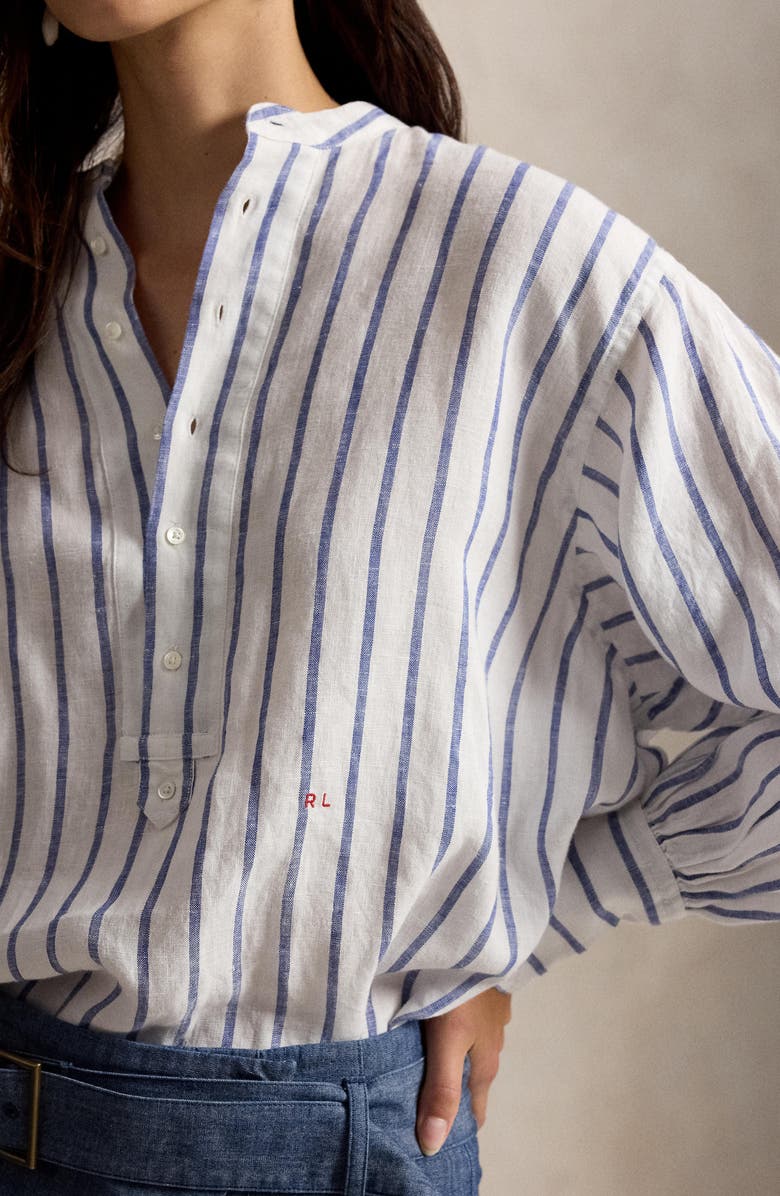 Polo Ralph Lauren Stripe Long Sleeve Linen Shirt, Alternate, color, White-Royal