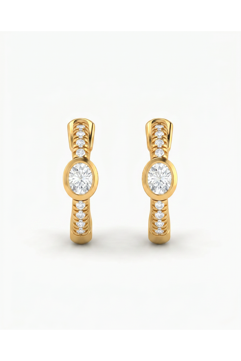 Diamond Oval Bezel Accent Pave Huggie Earring 14K, Main, color, 14K Gold