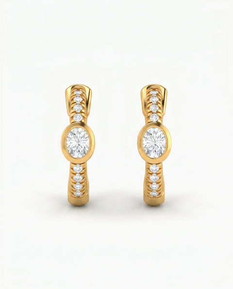 Diamond Oval Bezel Accent Pave Huggie Earring 14K