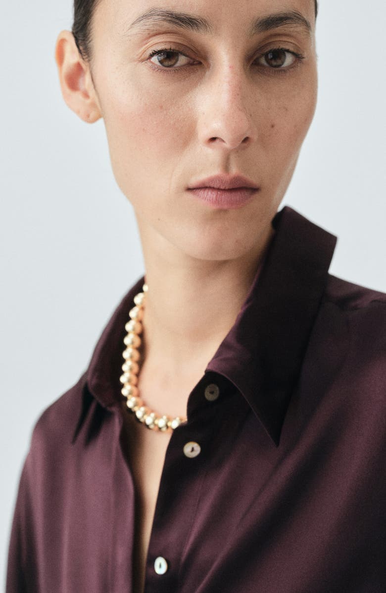 MANGO Selection Silk Satin Button-Up Shirt, Alternate, color, Medium Brown