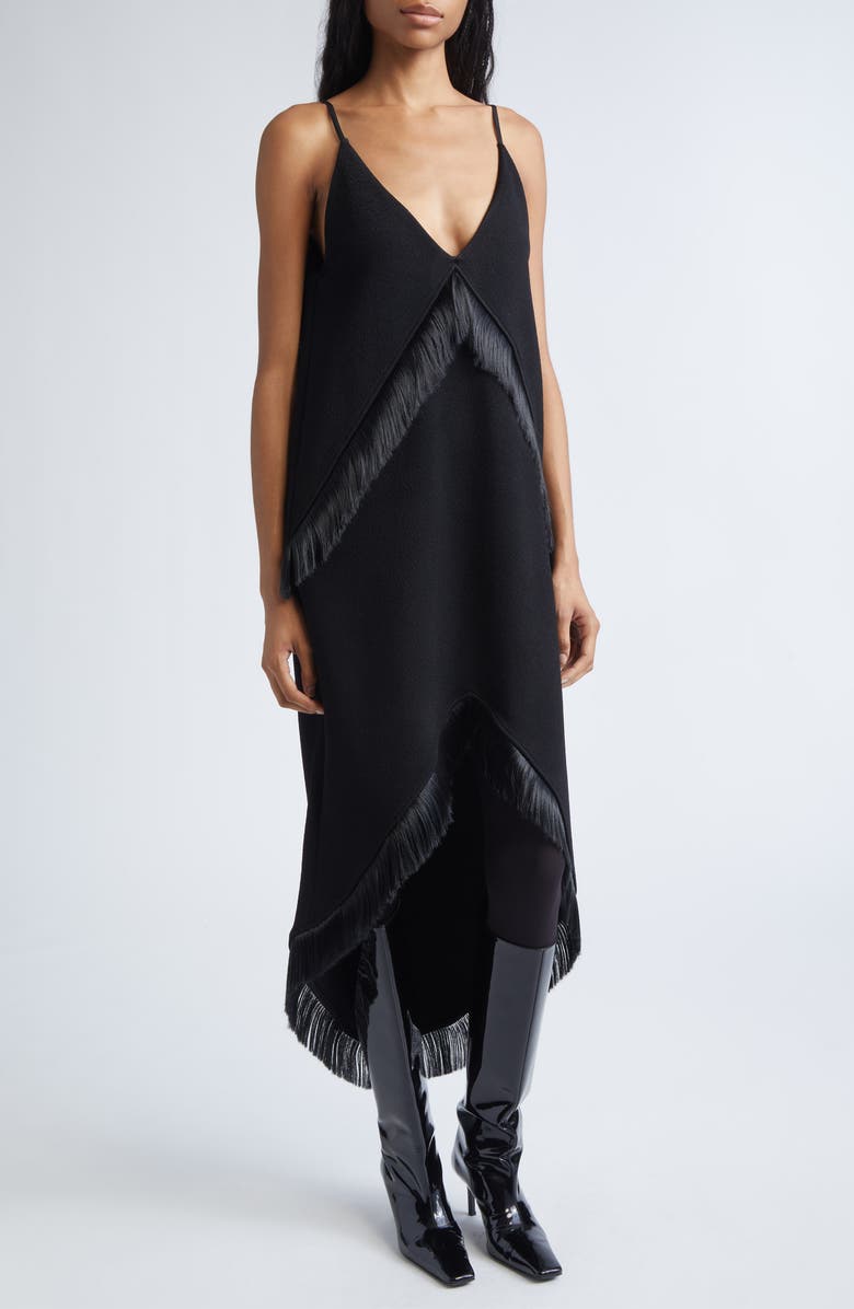 Jil Sander Asymmetric Fringe Crepe Dress, Alternate, color, Black