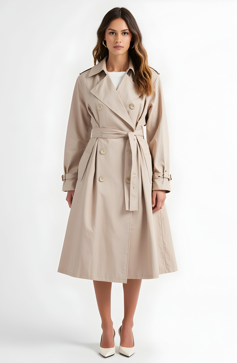 Modenaire Double-Breasted Trench Coat with Belt, Main, color, Beige