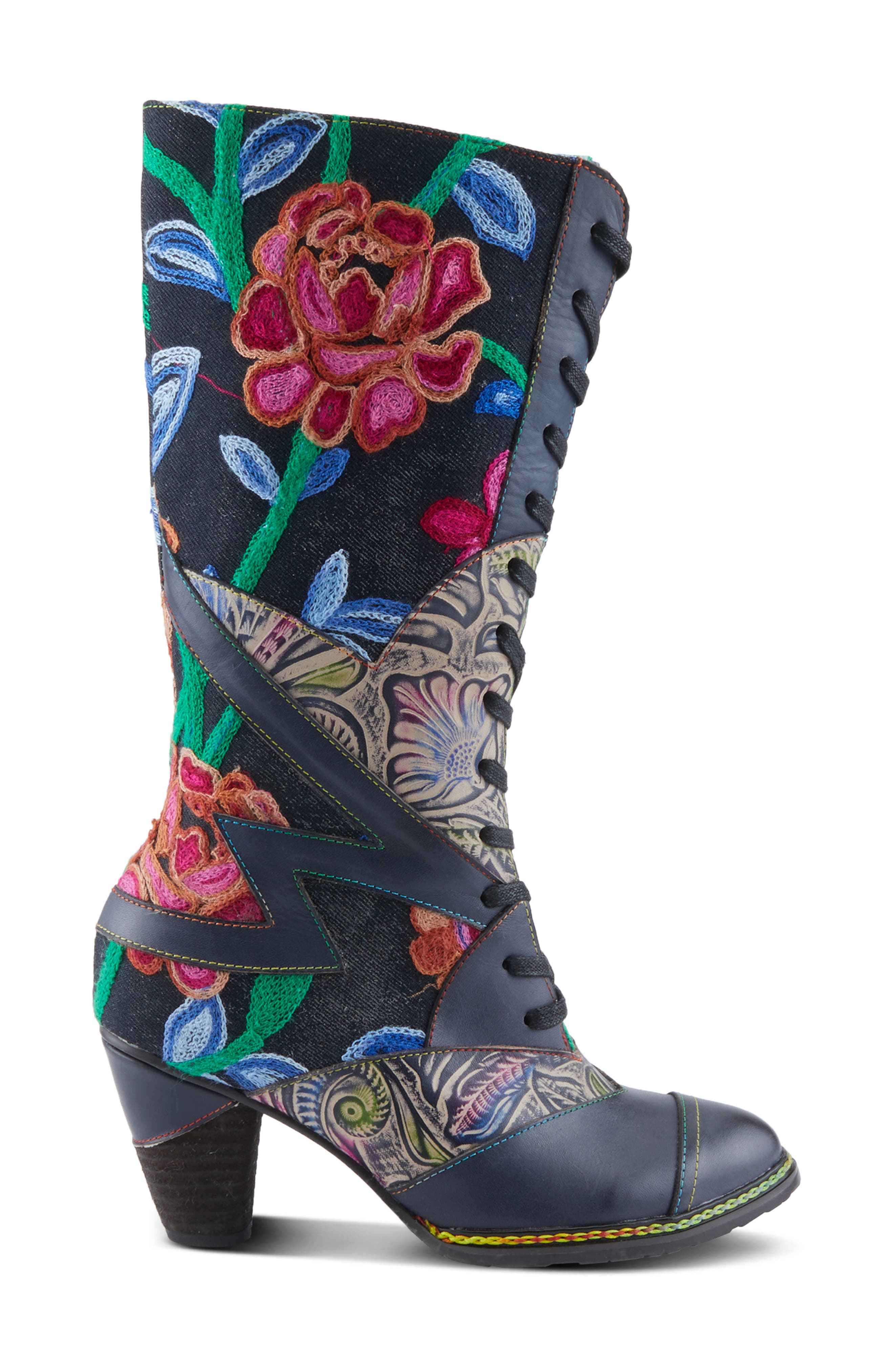 L'Artiste by Spring Step Malagie Lace-Up Cap Toe Knee High Boot, Alternate, color, Navy Multi
