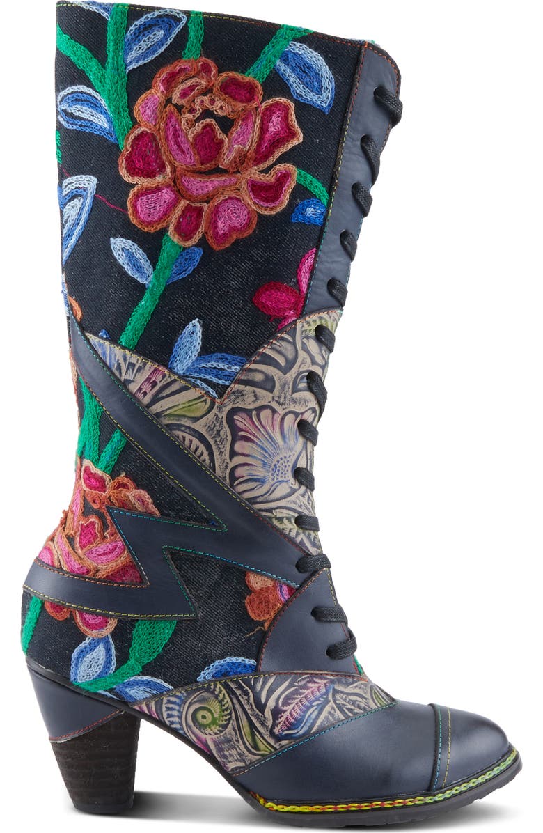 L'Artiste by Spring Step Malagie Lace-Up Cap Toe Knee High Boot, Alternate, color, Navy Multi
