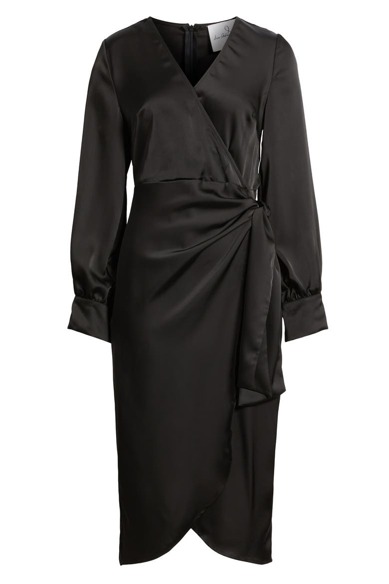 Long Sleeve Faux Wrap Satin Dress, Alternate, color, BLACK