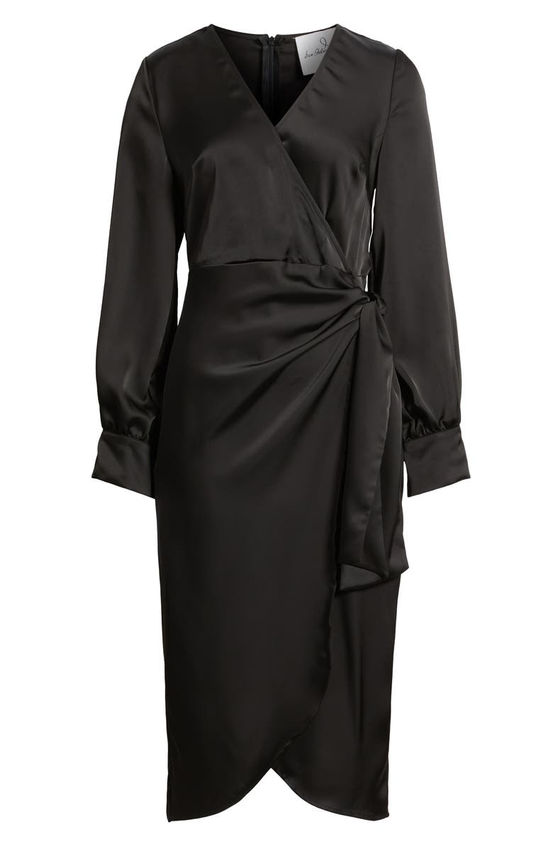 Sam Edelman Long Sleeve Faux Wrap Satin Dress, Alternate, color, Black
