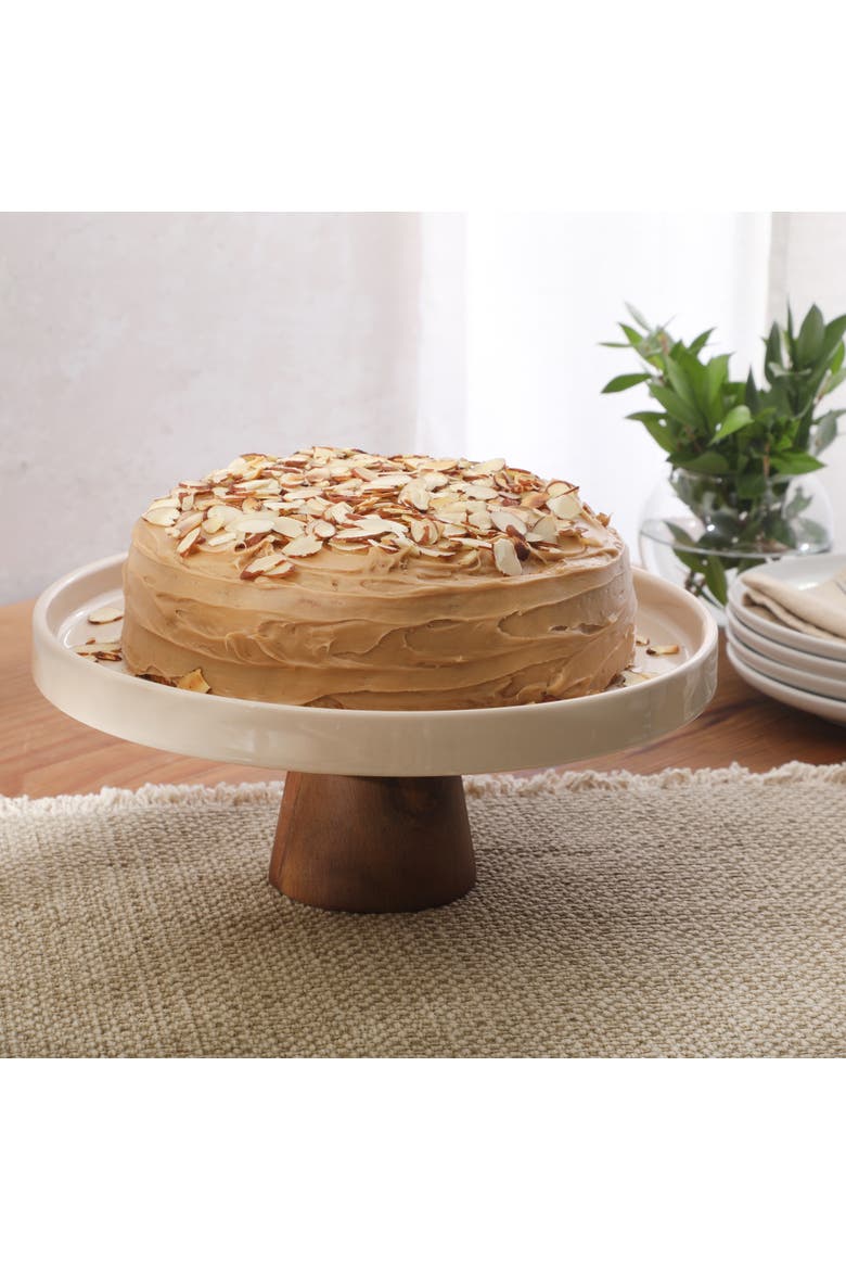 Gracious Dining Round Stoneware Cake Stand with Acacia Wood Base, Alternate, color, Taupe