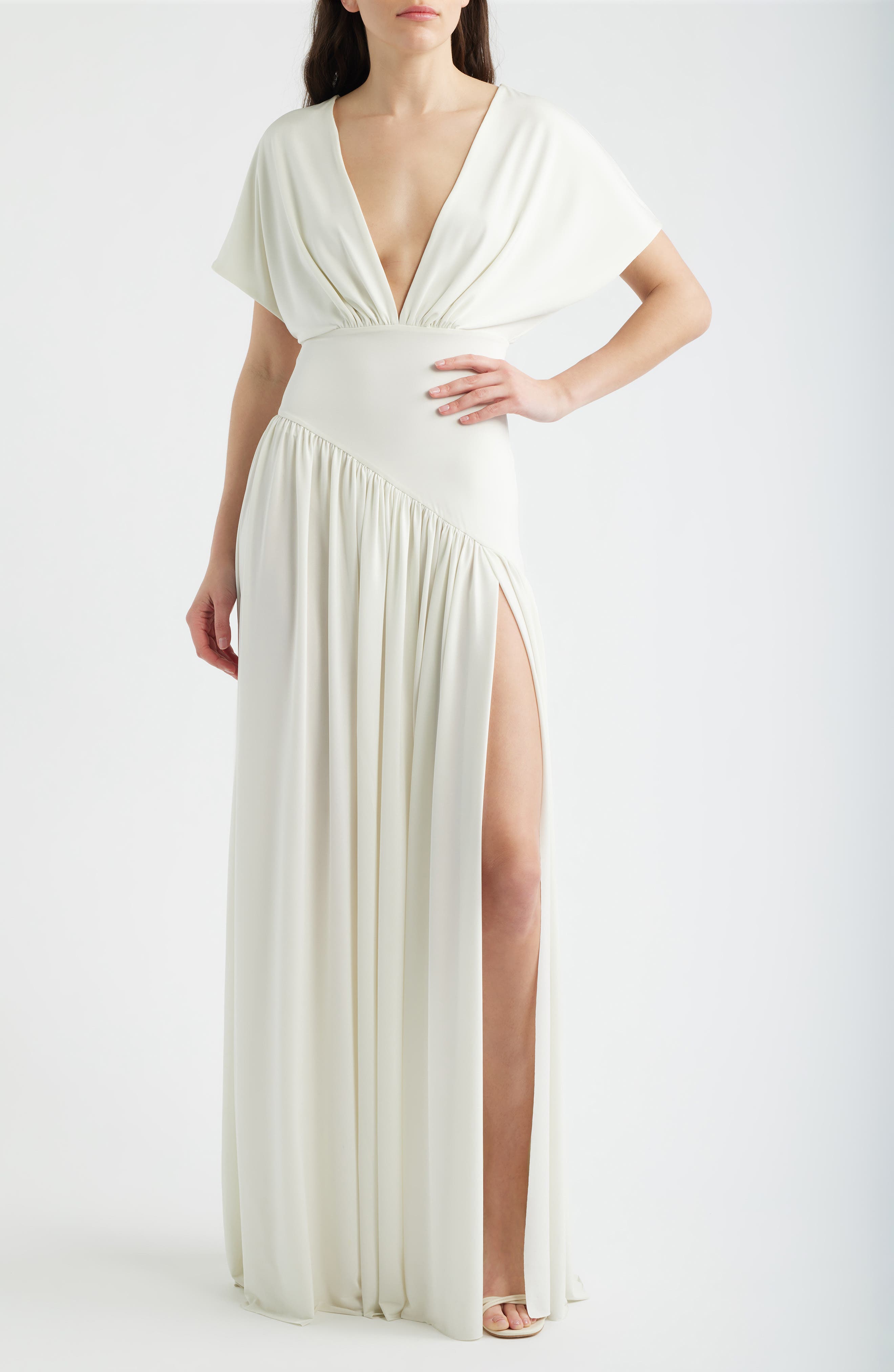 plunge v neck slip dress Plunge Neck Side Slit Gown (Women)