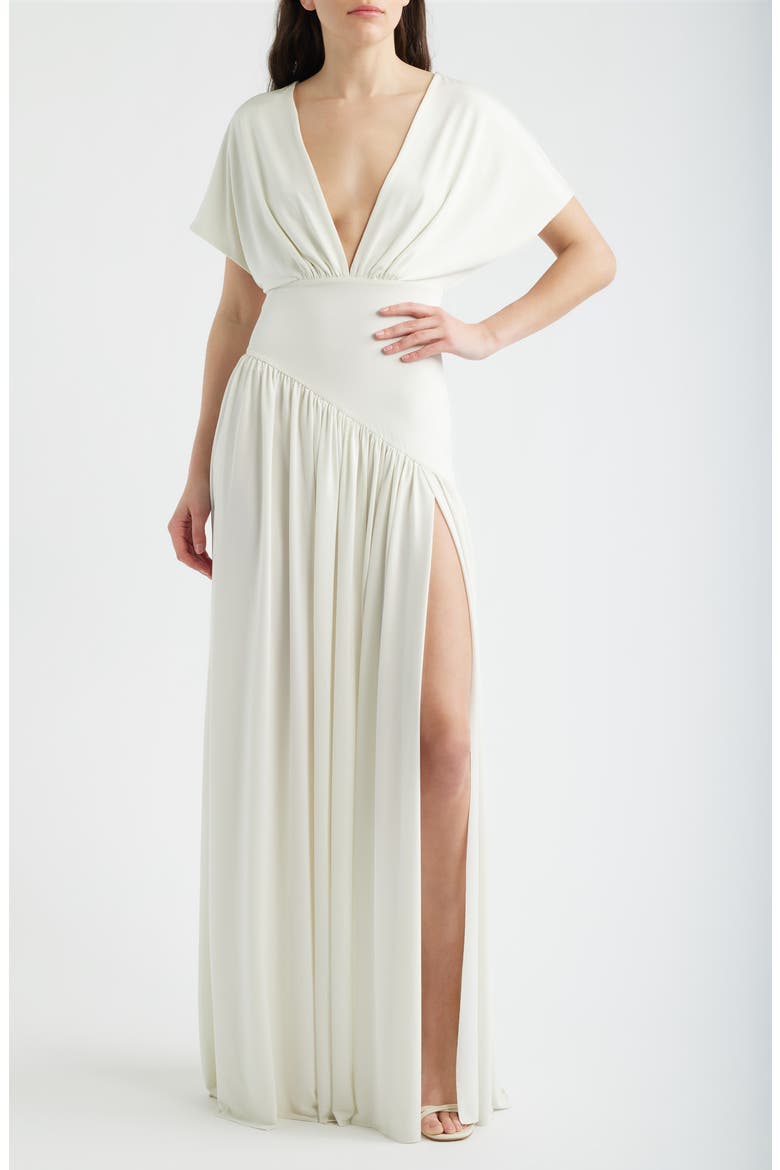 Plunge Neck Side Slit Gown, Main, color, WHITE