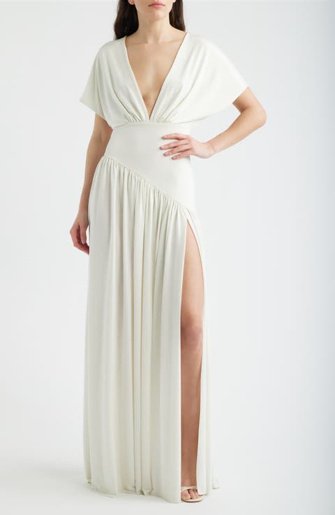 Plunge Neck Side Slit Gown