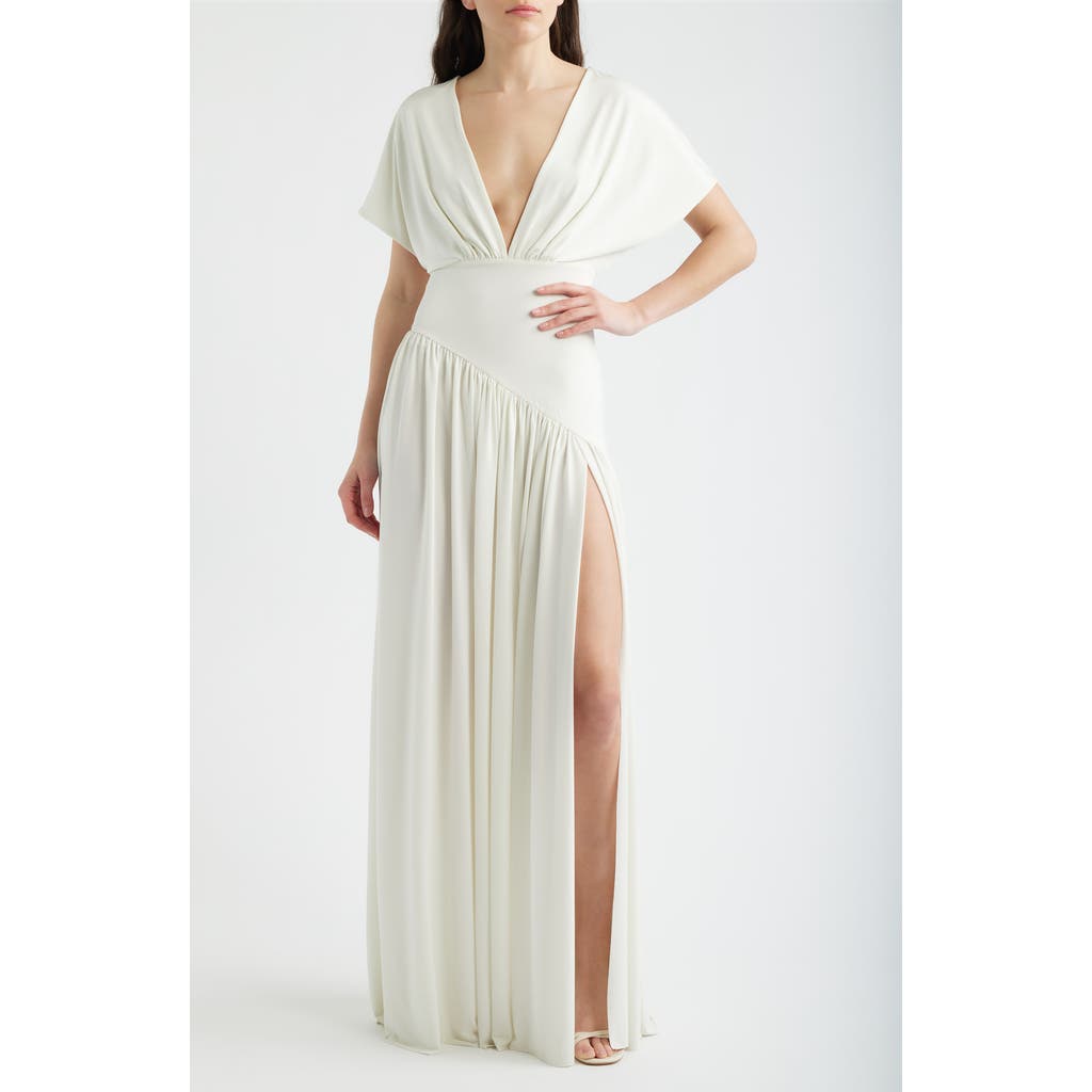 Delfi Collective Plunge Neck Side Slit Gown in White at Nordstrom, Size Large