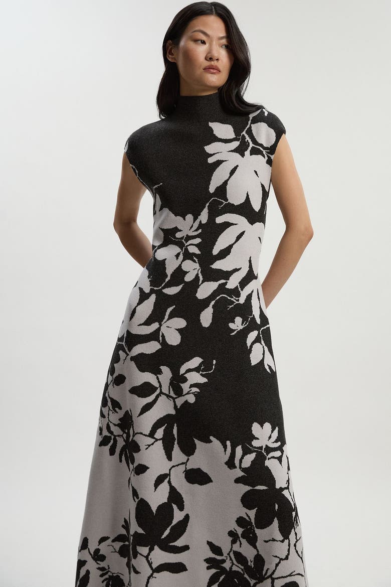 Jacquard Floral Knitted Maxi Dress, Alternate, color, Dark Grey