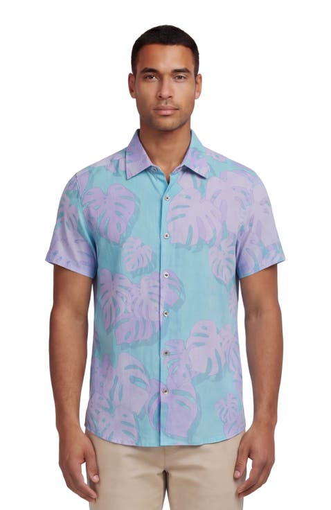 Monstera Floral Mens Linen Button-up Shirt