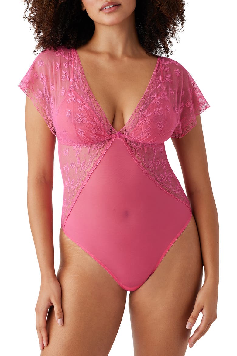 Lifted in Luxury Lace & Mesh Bodysuit, Main, color, HOT PINK
