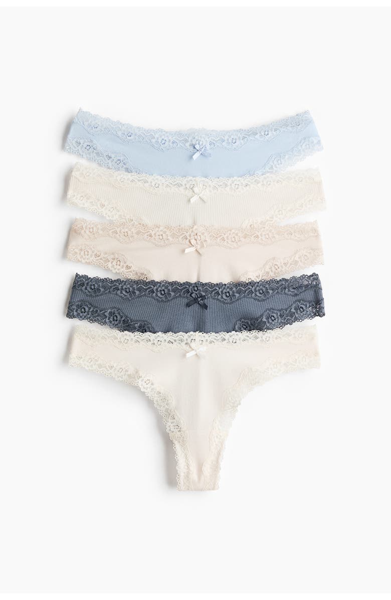 H&M 5-pack cotton and lace brazilian briefs, Main, color, Dusty Blue/Cream