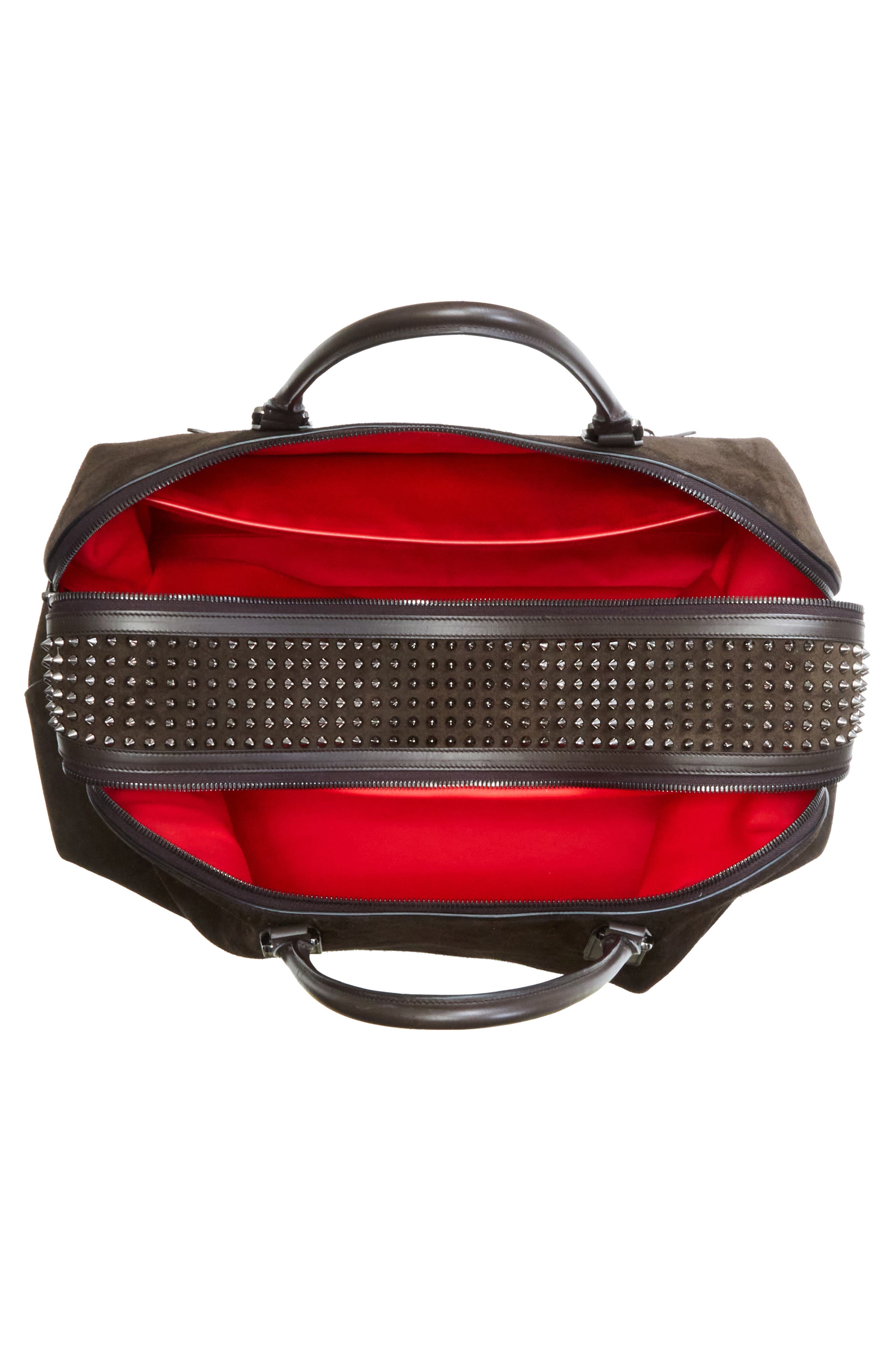 Christian Louboutin Funky Empire Spike Suede Weekend Bag, Alternate, color, Cafe/ Gun Metal