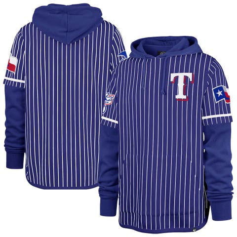 Men's '47  Royal Texas Rangers Pinstripe Double Header Pullover Hoodie