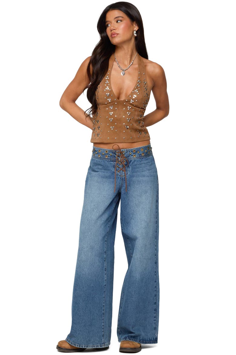 Xaria Studded Faux Suede Halter Top, Alternate, color, BROWN