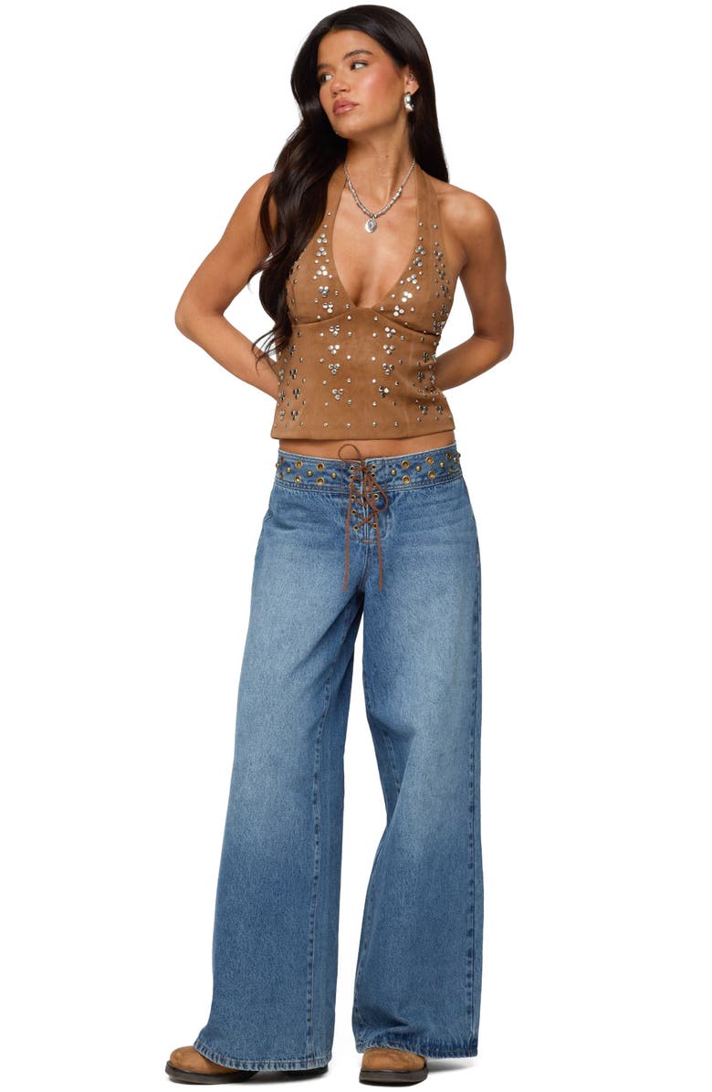 EDIKTED Xaria Studded Faux Suede Halter Top, Alternate, color, Brown