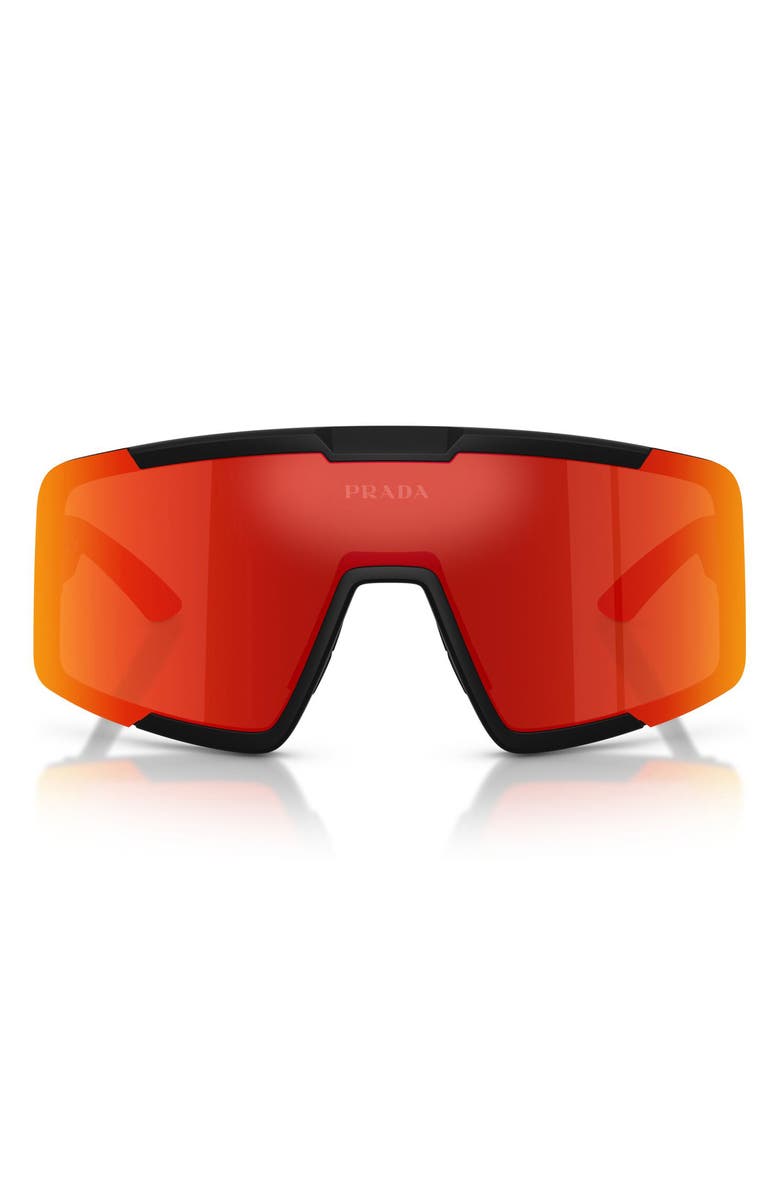 Prada Linea Rossa 144mm Shield Sunglasses, Main, color, Matte Black / Brown Tangerine