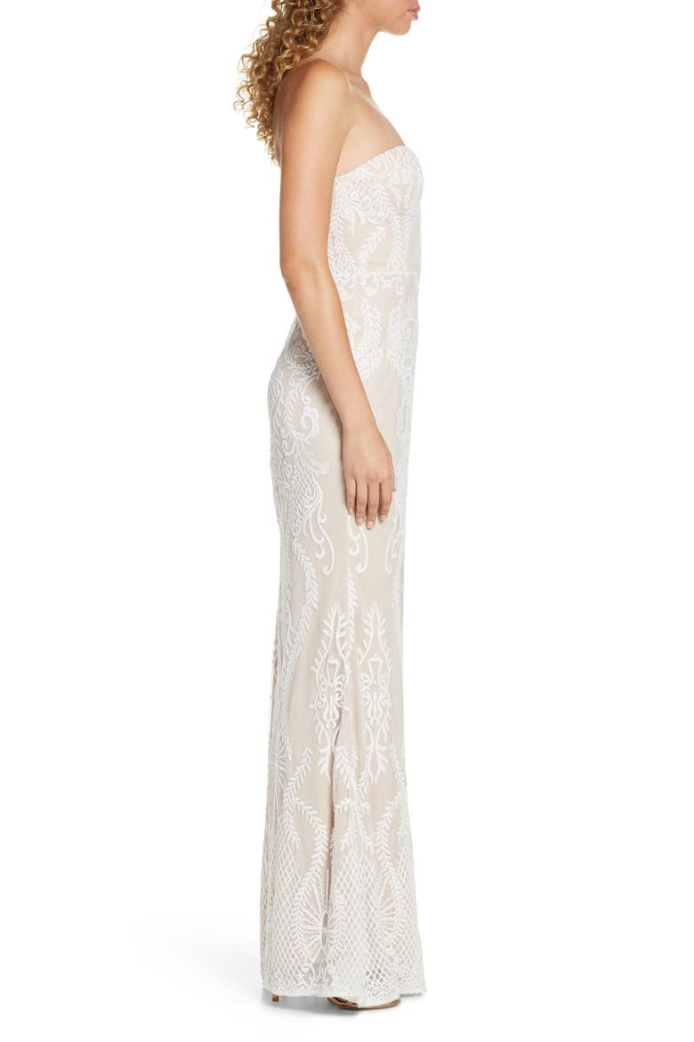 You Belong With Me Strapless Embroidered Mesh Evening Gown, Alternate, color, WHITE/ NUDE