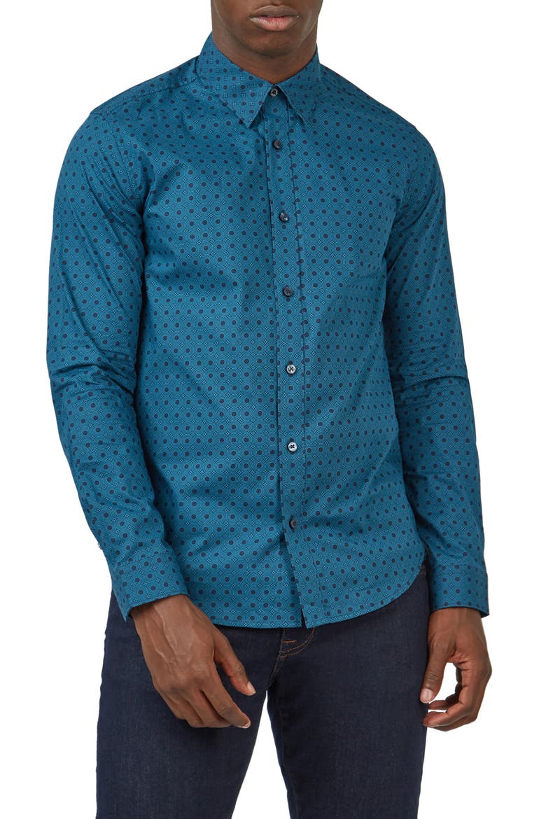 Print Cotton Button-Up Shirt, Main, color, DARK TEAL