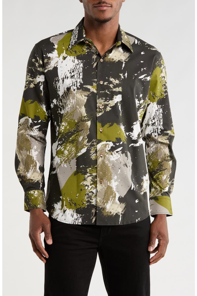 Abstract Print Long Sleeve Button-Up Shirt, Main, color, BLACK GREEN WHITE