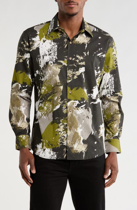 Abstract Print Long Sleeve Button-Up Shirt