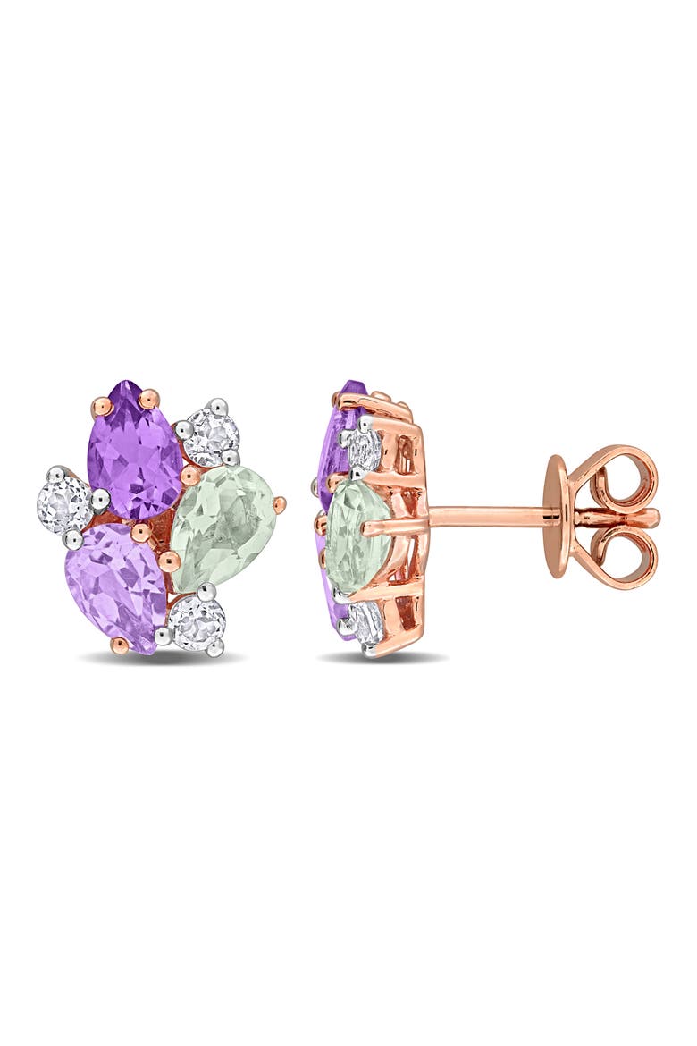 Green Quartz Amethyst & White Topaz Cluster Stud Earrings, Main, color, GREEN/ PURPLE